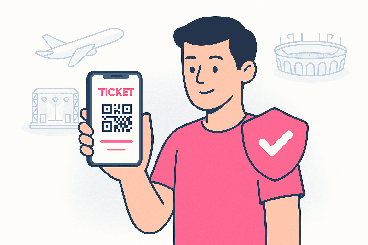 Illustration of a person holding a smartphone with a secure digital ticket and shield icon, representing safe online resale tickets on Ticketoja