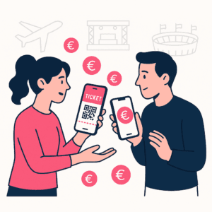 Two people exchanging a digital ticket via smartphone, symbolising turning unused tickets into cash on Ticketoja.