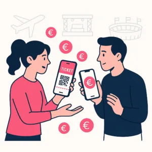 Two people exchanging a digital ticket via smartphone, symbolising turning unused tickets into cash on Ticketoja.